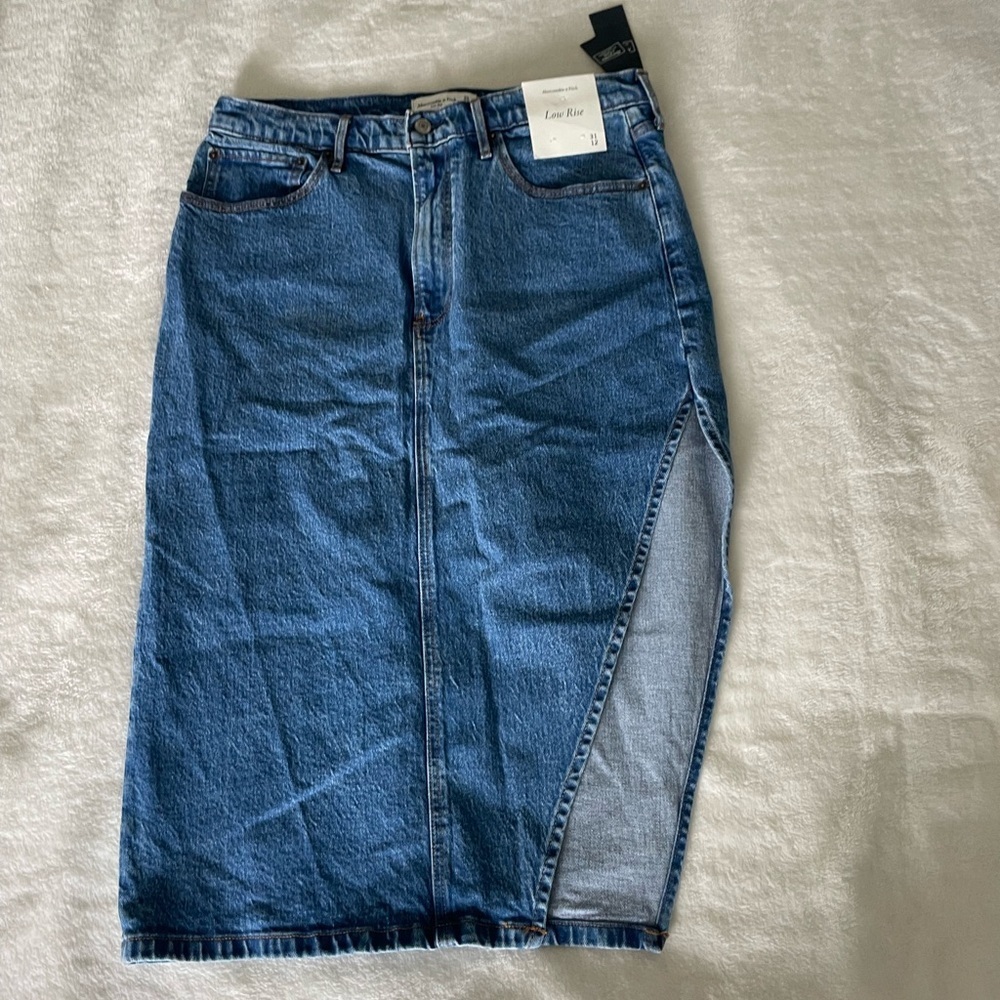 Abercrombie & Fitch Dark Blue Denim Midi Skirt with Side Slit